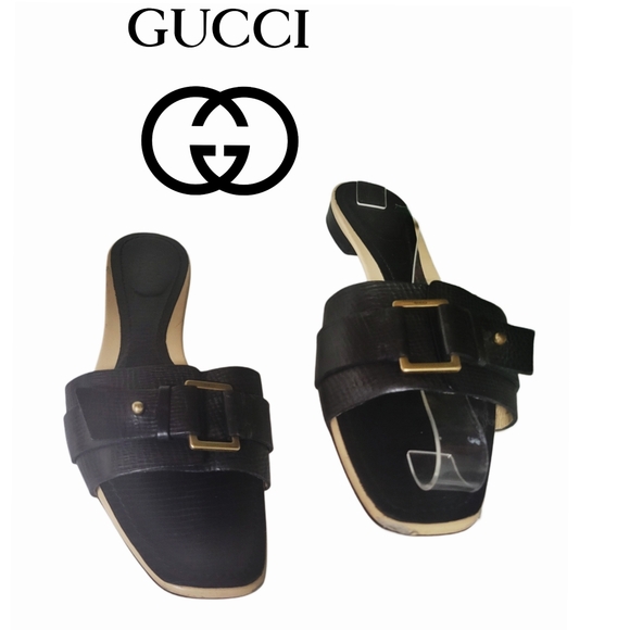 Sale Gucci Slides Womens Size 8.5 B Embossed Leather Buckle Sandals Italy Shoes - Picture 2 of 16